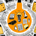**

A vibrant, multi-layered collage visually representing creative brainstorming. Layers include sketches of unusual cheese advertisements (referencing the "local cheese producer"), intertwined with VR headsets displaying historical locations in Saint Petersburg, snippets of code representing AI data analysis, and hands shaking representing networking, all radiating outwards from a central lightbulb. The overall feel should be dynamic, collaborative, and representative of blending traditional media with modern technology.

**