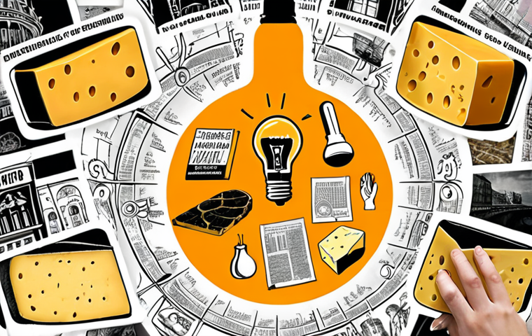 **
A vibrant, multi-layered collage visually representing creative brainstorming. Layers include sketches of unusual cheese advertisements (referencing the "local cheese producer"), intertwined with VR headsets displaying historical locations in Saint Petersburg, snippets of code representing AI data analysis, and hands shaking representing networking, all radiating outwards from a central lightbulb. The overall feel should be dynamic, collaborative, and representative of blending traditional media with modern technology.
**