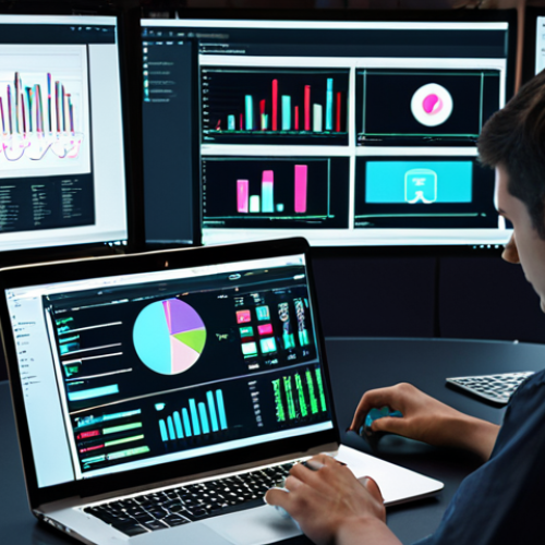 Home 14 ** A dynamic shot of a person editing a video on a laptop, surrounded by multiple screens displaying data analytics, with AI icons subtly integrated into the background. The scene conveys a sense of modern media production and technological integration.
**