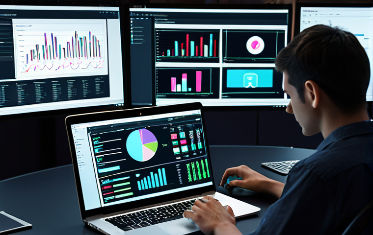** A dynamic shot of a person editing a video on a laptop, surrounded by multiple screens displaying data analytics, with AI icons subtly integrated into the background. The scene conveys a sense of modern media production and technological integration.

**
