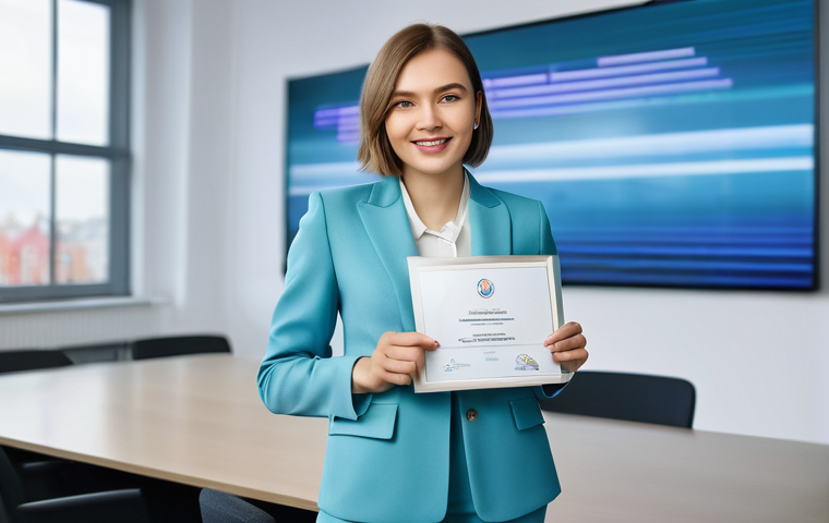 미디어 프로듀서 자격증 취득 과정 브이로그 - **Prompt:** A confident, determined young Russian woman, in her late 20s, with a stylish, modern bob...