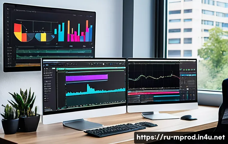 미디어 프로듀서 경력의 도약 방법 - A modern media producer&rsquo;s creative workspace with multiple screens displaying video editing software...