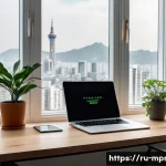 Home 21 미디어 프로듀서의 시간 관리 팁 - A modern, minimalist home office setting in Seoul, South Korea, with a clean wooden desk, ergonomic ...