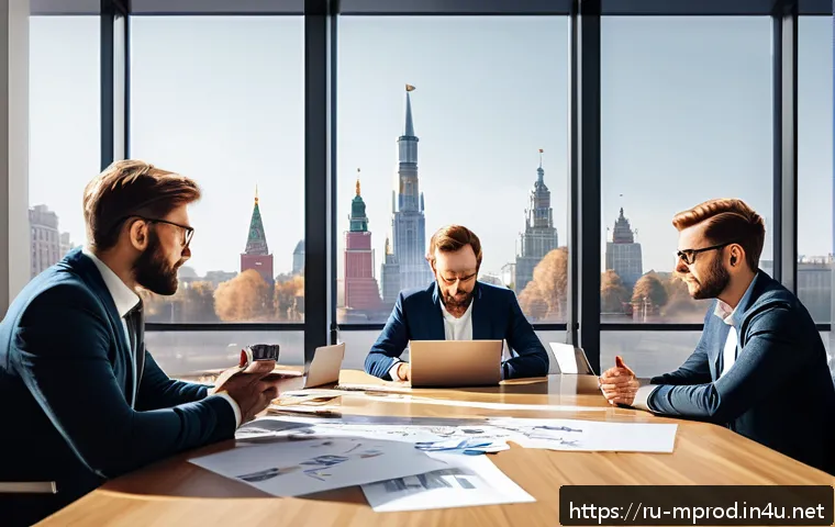 미디어 프로듀서 스토리보드 작성법 - A detailed digital storyboard scene depicting a creative team meeting in a modern Moscow office, wit...
