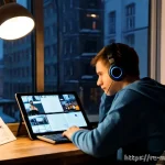 미디어 프로듀서가 되기 위한 학습 계획 - Photorealistic young Russian aspiring media producer studying at a cozy Moscow apartment desk, surro...