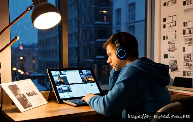 미디어 프로듀서가 되기 위한 학습 계획 - Photorealistic young Russian aspiring media producer studying at a cozy Moscow apartment desk, surro...