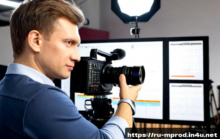 Home 17 미디어 프로듀서 업무 노하우 - Photorealistic Russian media producer coordinating a video shoot in a modern Moscow-style studio, co...