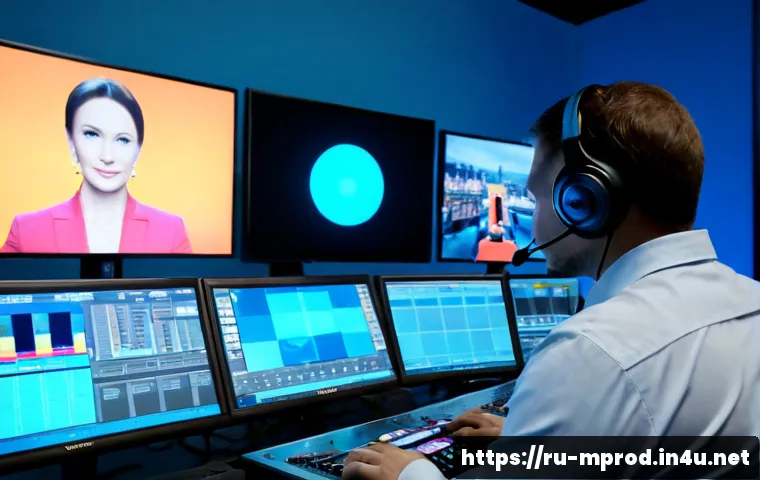 Home 17 미디어 프로듀서 직무의 매력과 도전 - Photorealistic media producer in a modern Moscow television studio control room, a focused Russian p...
